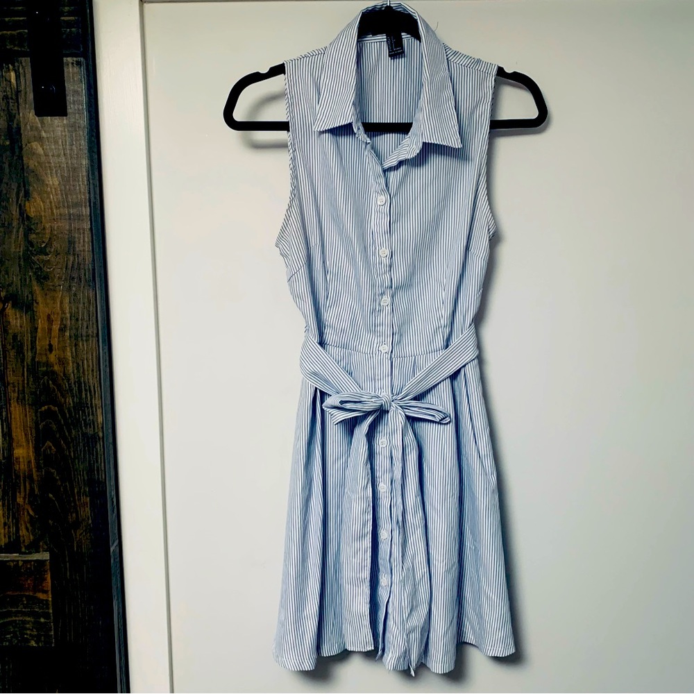 Forever21 Striped Print Sleeveless Belted Shirt Dress